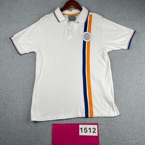 McLaren 50 Polo Shirt White Blue Gold Striped Pique Casual Mens Small